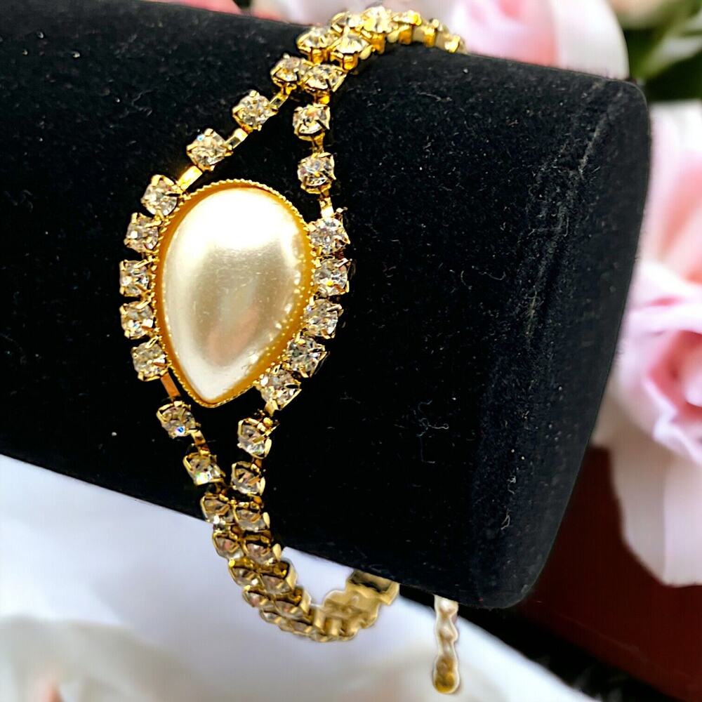Art Deco Faux Pearl Rhinestone Tennis 9" Bracelet Vintage!
